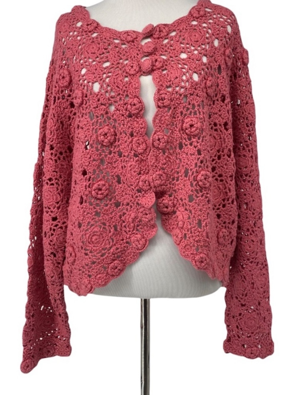 Vintage Strawberry Pink Rose Floral Crochet Knit Cardigan